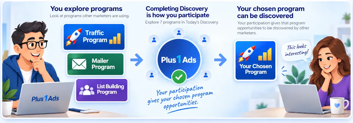 Illustration showing the Plus 1 Ads flow: explore programs, complete Today&rsquo;s Discovery to participate, and give your chosen program opportunities to be discovered by other marketers.