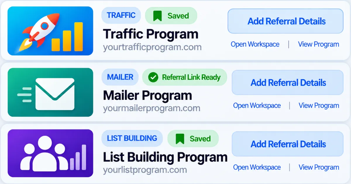 Illustrated Plus 1 Ads Portfolio showing saved programs, referral details that still need attention, a referral-link-ready program, recent activity, and workspace actions.