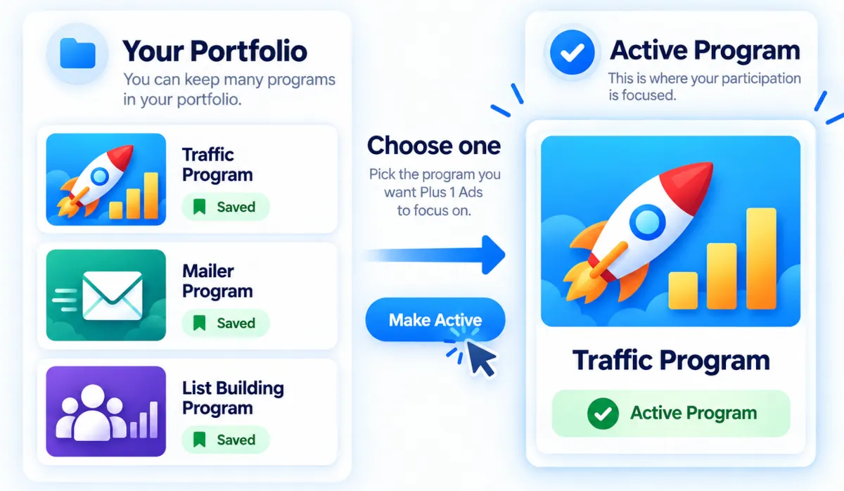 Illustration showing several saved programs in a Portfolio, choosing one, and making that program the Active Program Plus 1 Ads focuses on.