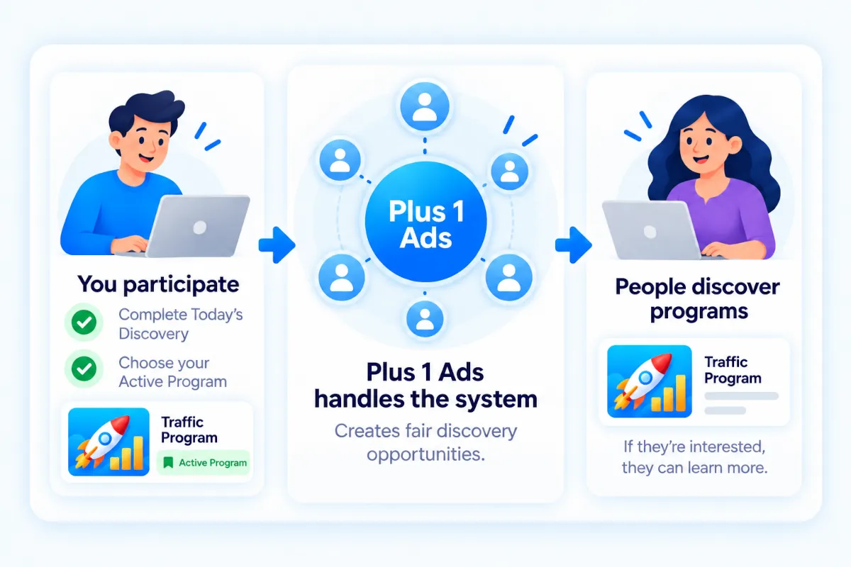 Illustration showing the Plus 1 Ads flow: you participate, Plus 1 Ads handles the system and creates fair discovery opportunities, and other people discover programs.